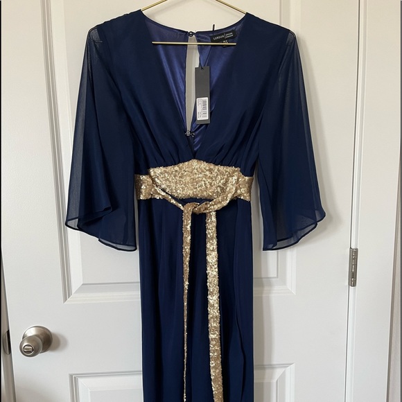Navy dress with wide gold belting - Picture 4 of 12
